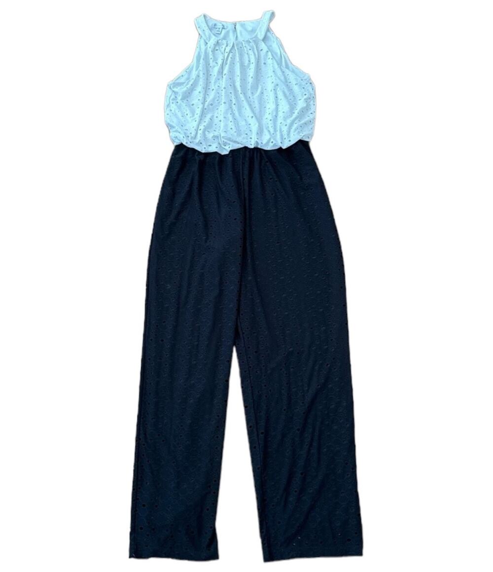 LONDON TIMES Sleeveless Eyelet Contrast Jumpsuit keyhole opening size medium